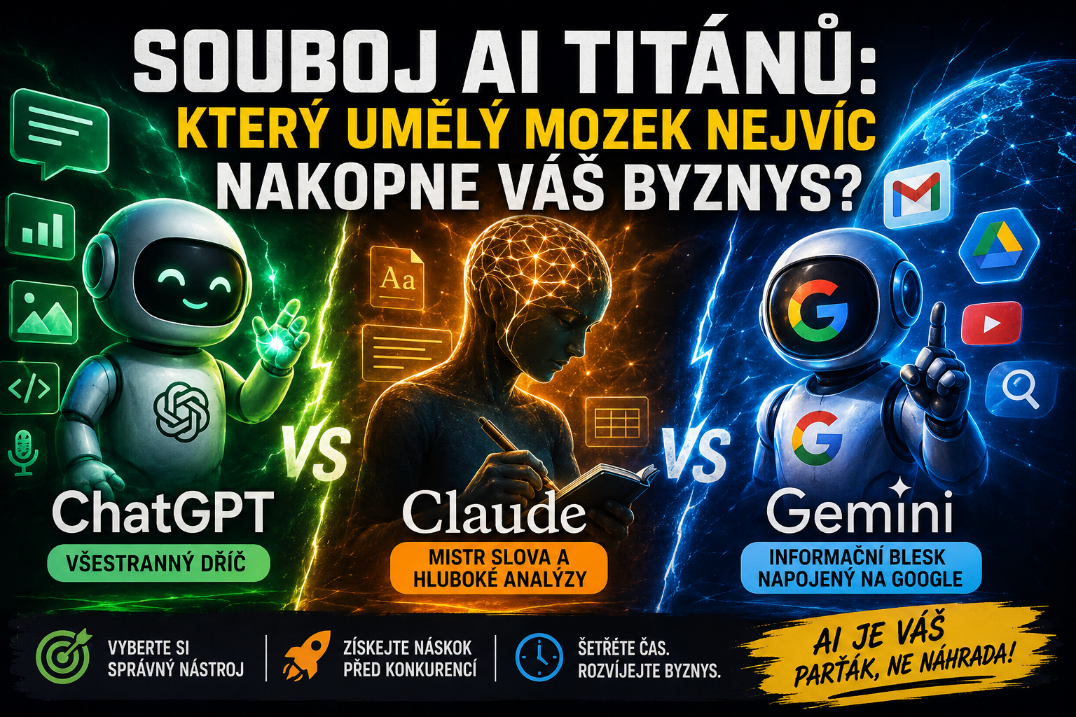 Srovnání ChatGPT, Claude a Gemini s roboty, neonovými ikonami a textem o nákupu.